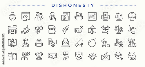 Dishonesty icon. Money Laundering set of line pictogram. Outline icons in linear style. Corrupt icon set. Vector illustration.