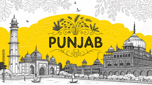 Punjab Skyline Sketch with Heritage Landmarks like Golden Temple, Qila Mubarak, and Patiala Fort – Tourism Art for Print, Wall Decor, and Souvenirs