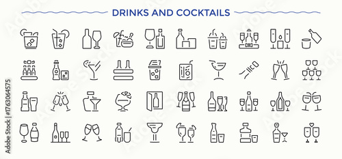 Drinks And Cocktails icon collection. Icons for application. Vector illustration in modern line style. Bar and Night Club icon. Contain linear symbols champagne, alcohol, wine, drink, beer and more.