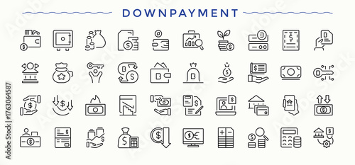 Downpayment icon set. Money icon set. Thin UI icons. Pack of pay, financial, money, credit and more. Pixel perfect. Vector illustration.