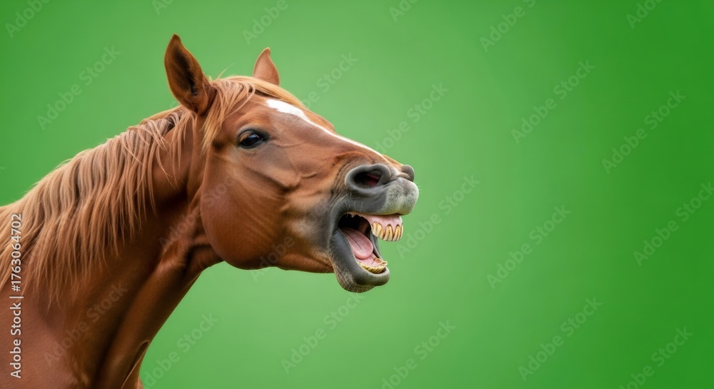 Fototapeta premium Funny brown horse baring teeth with open mouth on green screen. Animal portrait with chromakey background for visual effect.