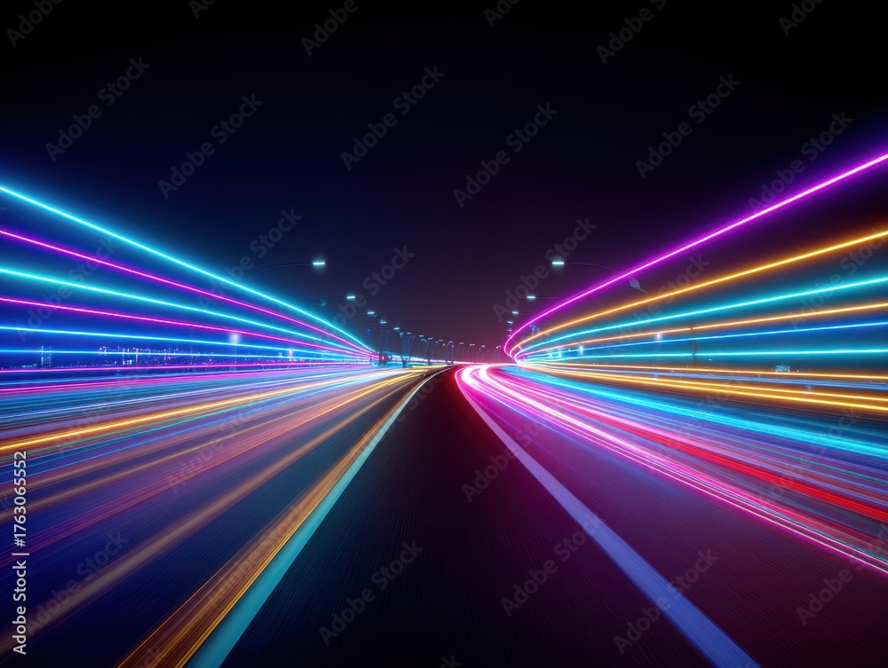 Obraz premium Neon light trails on highway at night low angle view futuristic transport technology concept