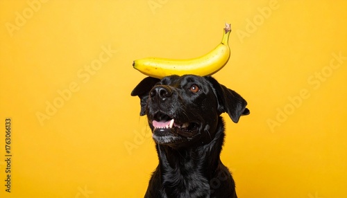 Black Labrador Retriever with tongue out and banana balanced on head against bright yellow background, creating humorous contrast and playful charm.