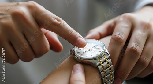 Woman checking the time on her wristwatch close-up of hand and watch time management concept
