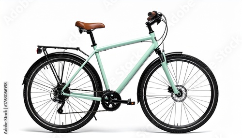 Teal urban bicycle with brown saddle and grips, white sidewalls, rear rack, and fenders, designed for stylish and practical city commuting.