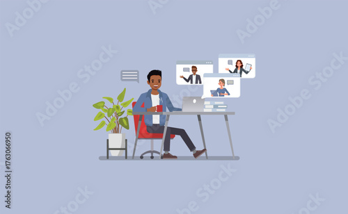 Remote Team Video Call character vector illustration design.