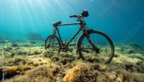 Submerged bicycle resting on ocean floor with marine growth, sunlit water, and rocky seabed, evoking themes of abandonment and time.