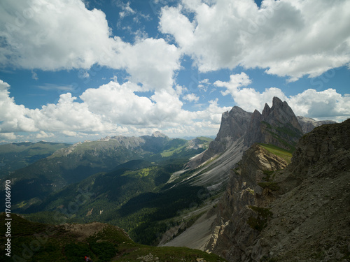 Spectacular view of Seceda ridgeline in the Dolomites, Italy. Dramatic limestone peaks rising above vibrant green slopes under a bright summer sky — a breathtaking natural masterpiece.