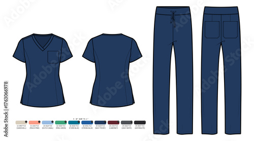 Professional Navy Blue Medical Scrubs Uniform Flat Sketch - V-Neck Top and Drawstring Pants