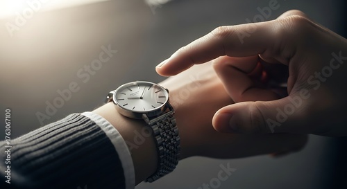 Close-up of a wrist watch on a mans arm checking the time concept of punctuality and time management