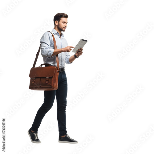 Young professional man using a tablet while walking wearing a shoulder bag isolated on white background