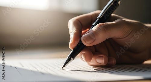 Close-up of a hand writing with a pen on paper concept for signing documents contracts or taking not