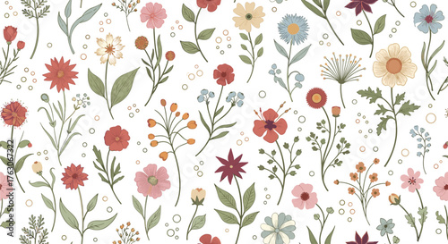 A floral pattern featuring an assortment of flowers and leaves scattered on a white background design theme
