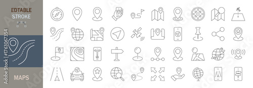 Maps icon set. Containing maps, location, navigation, direction, GPS, flag, destination, route, road and more. Editable line icons. Vector illustration.


