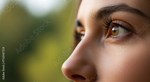 Close-up of a womans face side profile with hazel eyes natural light and blurred background