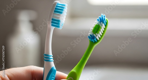 Two toothbrushes one green and one blue for dental hygiene and oral care
