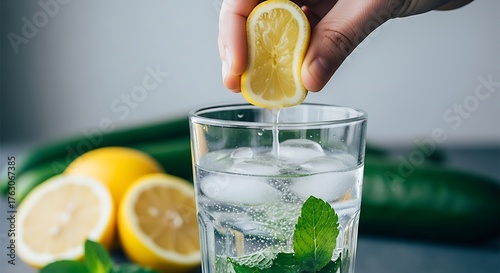 Squeezing lemon into glass of water with ice and mint refreshing summer drink healthy lifestyle