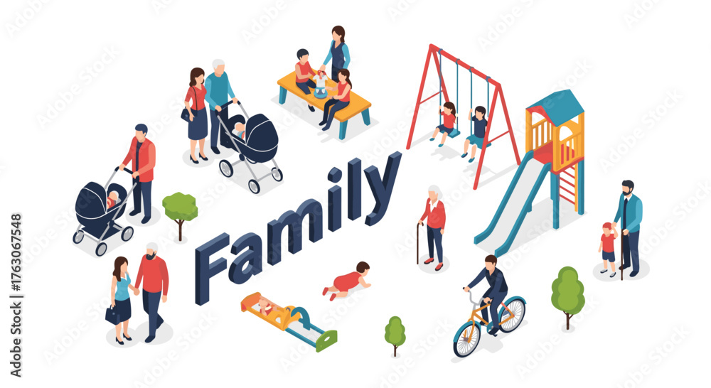 Fototapeta premium Isometric Family Life and Activities Illustration.