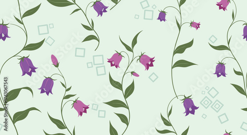 A repeating pattern of purple bellflowers with green leaves and square shapes on a light green background