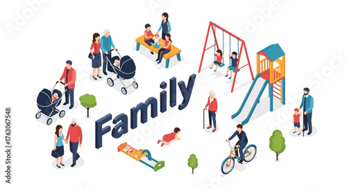 Isometric Family Life and Activities Illustration.