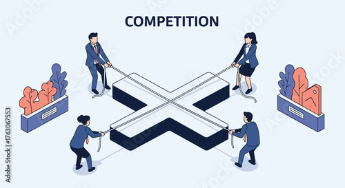 Teamwork competition tug of war concept business strategy challenge.