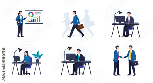 Business people working in various office settings and interactions.