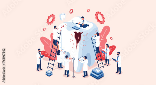 Team of Doctors Assembling a Giant Lab Coat Illustration.