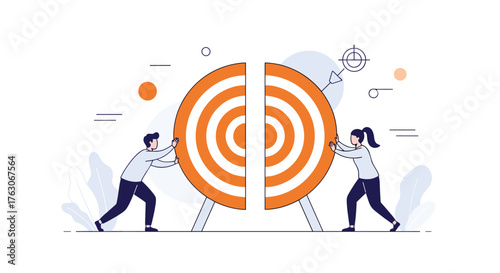 Teamwork achieving goals by joining target pieces together for success.