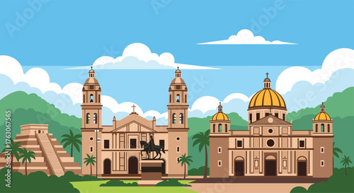 Historical Mexican Architecture and Ancient Pyramid in a Vibrant Landscape.