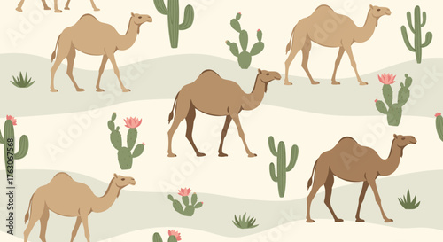 A repeating pattern of camels and cactuses on a beige background with desert sand dunes visible
