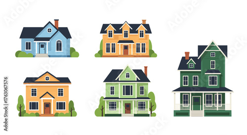 Various colorful houses with different architectural styles and designs.