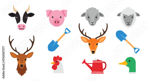 Set of farm and wild animal heads with gardening tools.