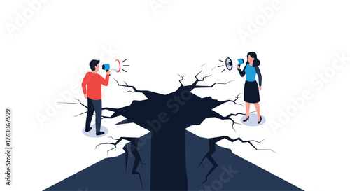 Two people on opposite sides of a large crack in the ground shouting through megaphones.