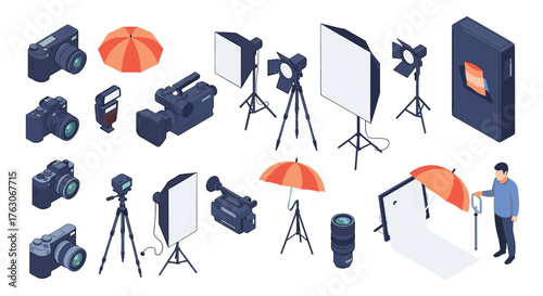 Isometric Photography Equipment Set - Cameras, Lights, and Accessories for Studio Shoots.