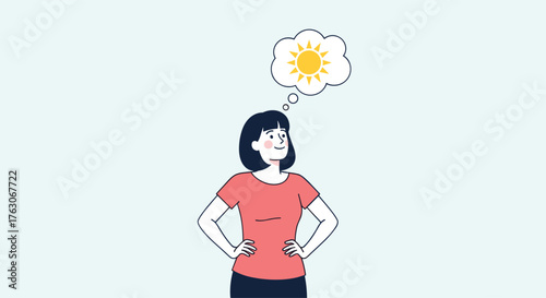 Optimistic woman with a thought bubble containing a bright sun.