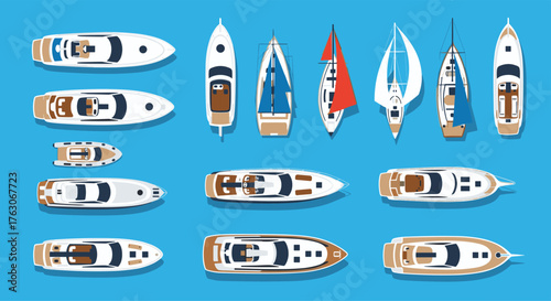 Collection of Various Boats and Yachts from Top View.