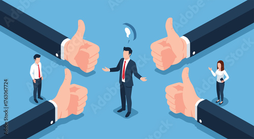 Businessman surrounded by thumbs up and colleagues seeking approval.
