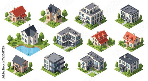 Isometric Residential Houses and Buildings Collection with Green Lawns and Trees.