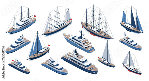 Collection of Luxury Yachts and Sailboats in Various Designs.