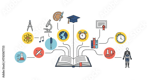 Open Book with Educational Icons - A Symbol of Knowledge and Learning.