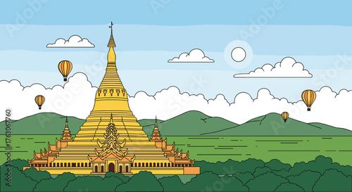 Golden Buddhist Temple Pagoda with Hot Air Balloons.