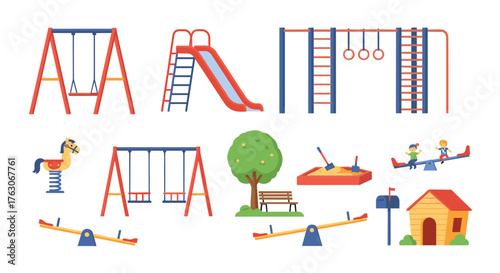 A comprehensive set of colorful kids playground equipment illustrations.