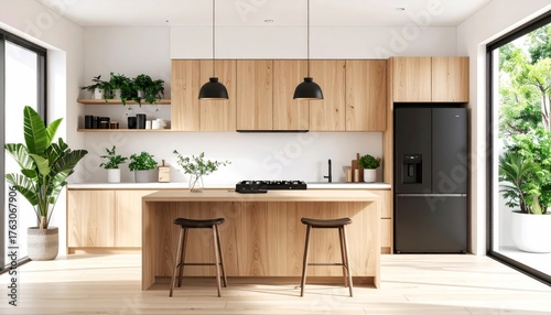Modern Kitchen Interior Design with Wooden Cabinets and Plants.