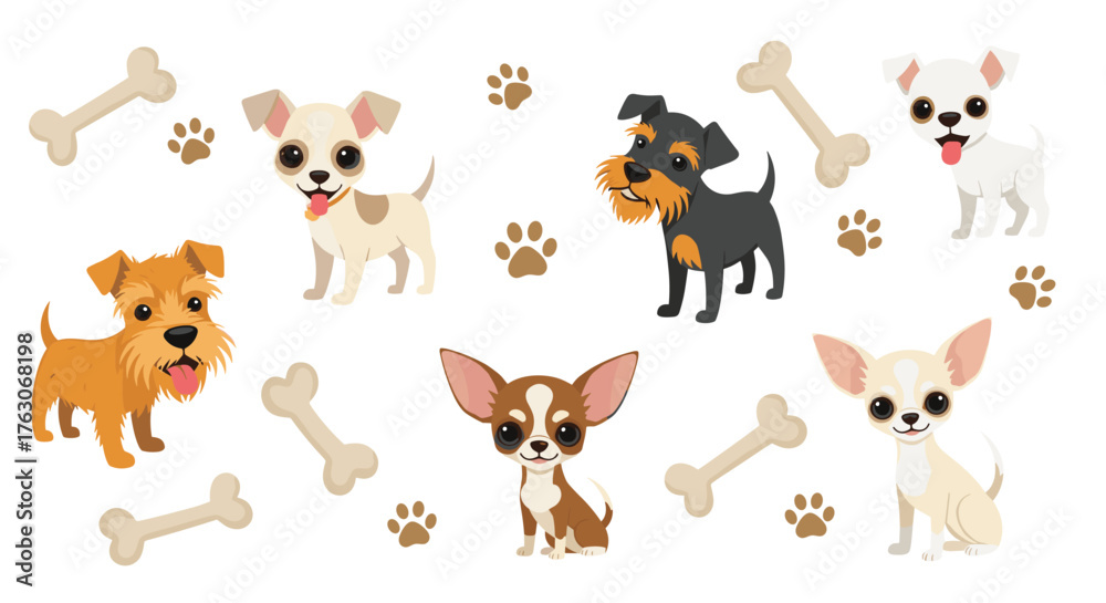 Naklejka premium Illustration featuring various cartoon dogs with bones and paw prints on a white background