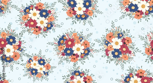 Seamless pattern with floral bouquets on a light blue background with scattered circles design style