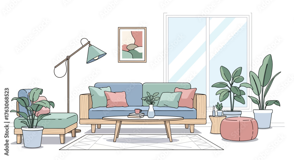 Fototapeta premium Cozy Living Room Interior with Plants and Comfortable Furniture.