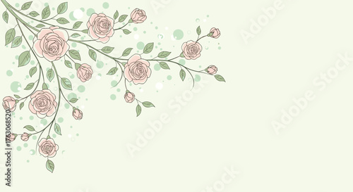 A pastel illustration of roses and leaves on branches in the upper left corner of the image
