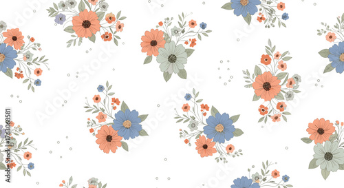 A floral pattern with peach blue and gray flowers with small dots on a white background scattered randomly