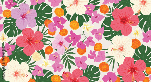 A vibrant floral pattern featuring hibiscus flowers and tropical leaves in various colors and arrangements