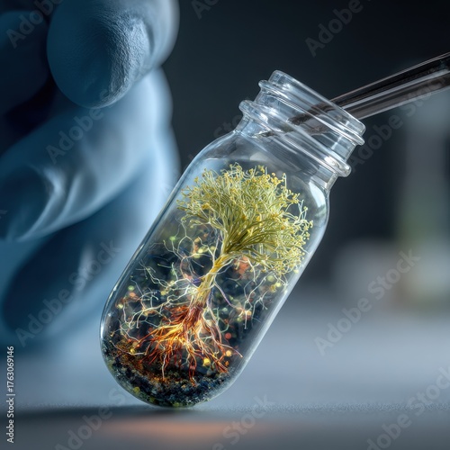 Miniature Ecosystem - Scientific Hand Nurturing Tree-Like Plant in Glass Vial, Laboratory Setting.